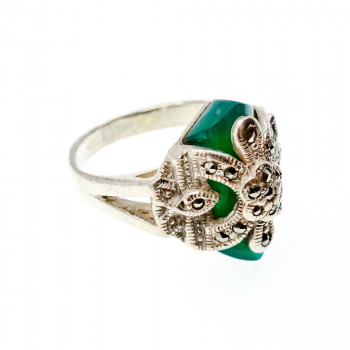 Sky Jewelry Серебряное кольцо с зеленым нефритом и камнями морион