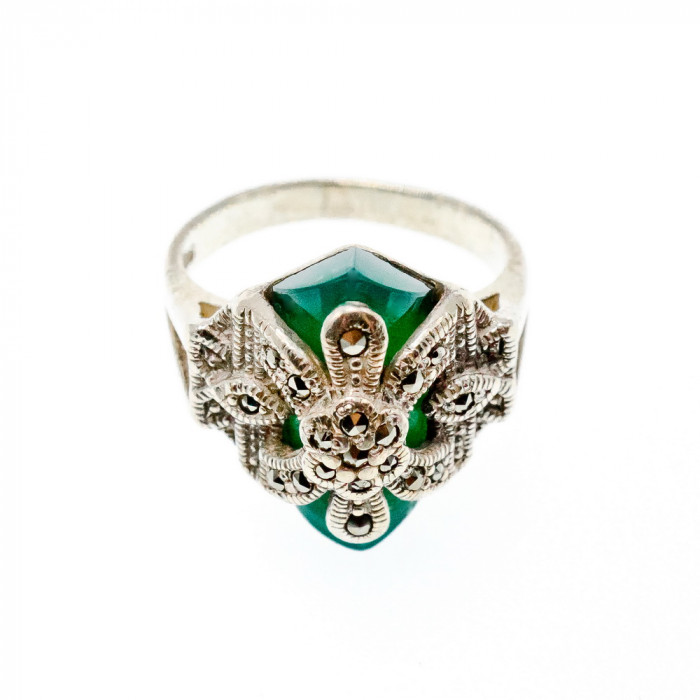 Sky Jewelry Серебряное кольцо с зеленым нефритом и камнями морион