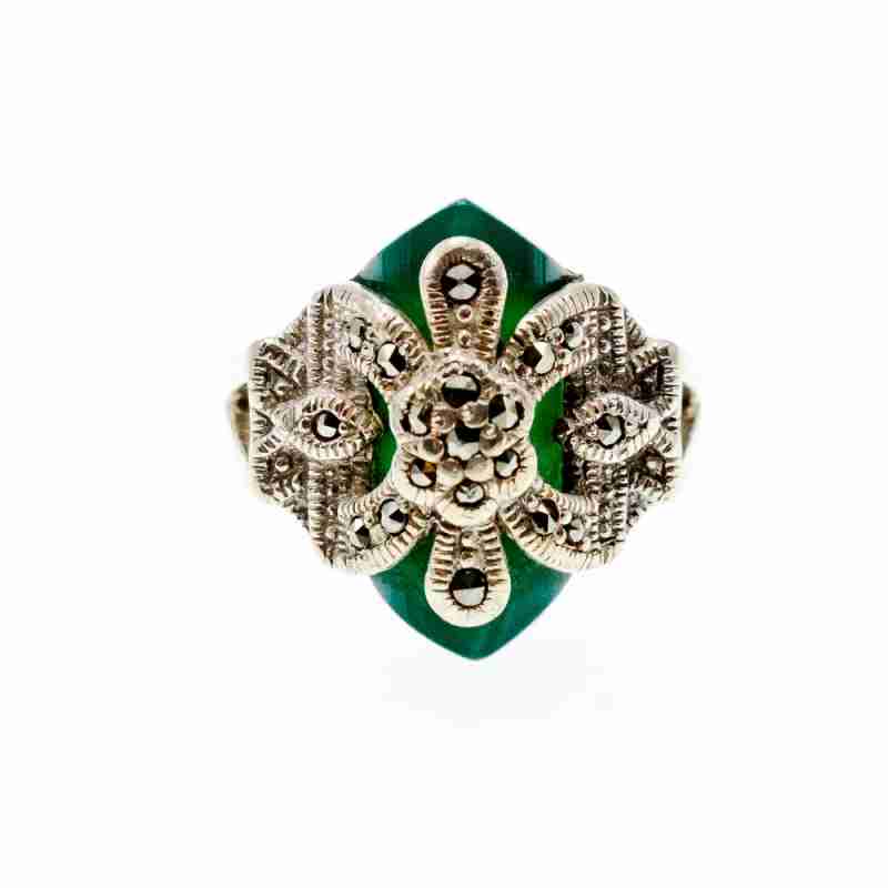 Sky Jewelry Серебряное кольцо с зеленым нефритом и камнями морион