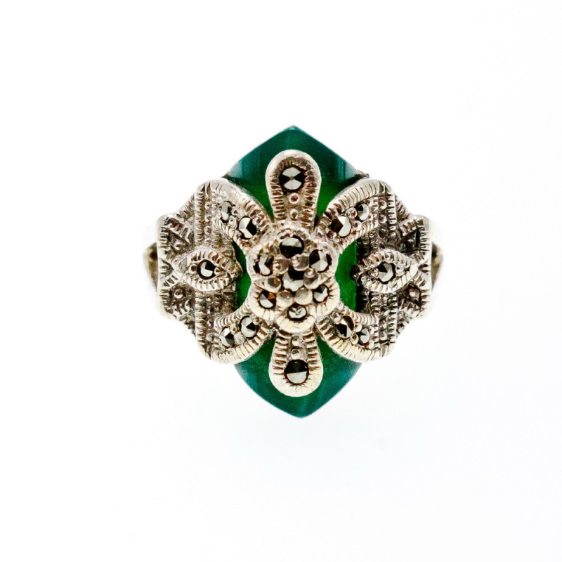 Sky Jewelry Серебряное кольцо с зеленым нефритом и камнями морион