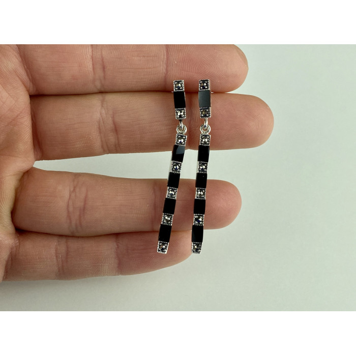 Sky Jewelry Серебряные серьги 925 проба с нефритом и камнями морион