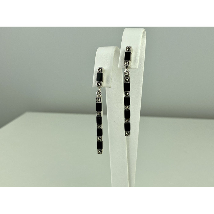 Sky Jewelry Серебряные серьги 925 проба с нефритом и камнями морион