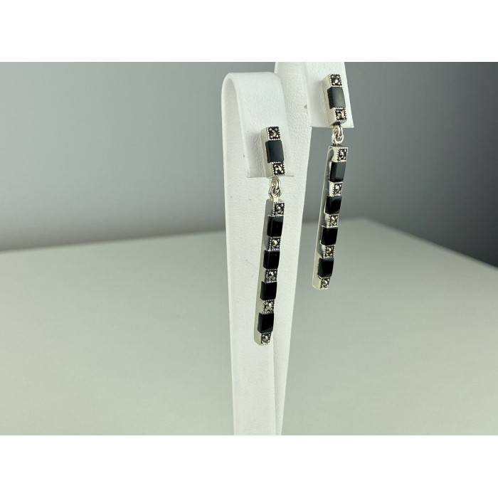 Sky Jewelry Серебряные серьги 925 проба с нефритом и камнями морион