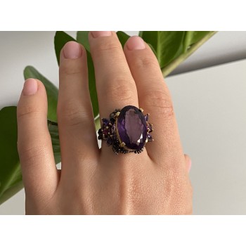 Sky Jewelry Черненое серебро кольцо с аметистом и нотами позолоты