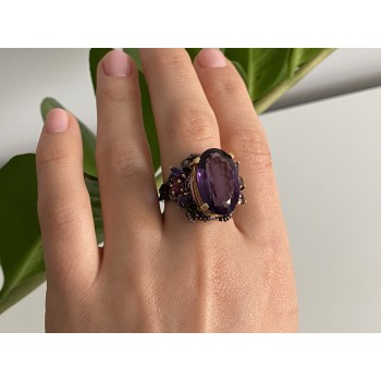 Sky Jewelry Черненое серебро кольцо с аметистом и нотами позолоты