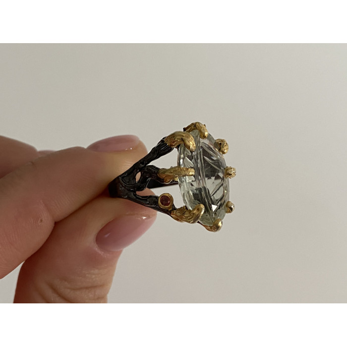 Sky Jewelry Черненое серебро кольцо с зеленым аметистом и гелиодором
