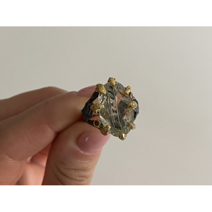 Sky Jewelry Черненое серебро кольцо с зеленым аметистом и гелиодором