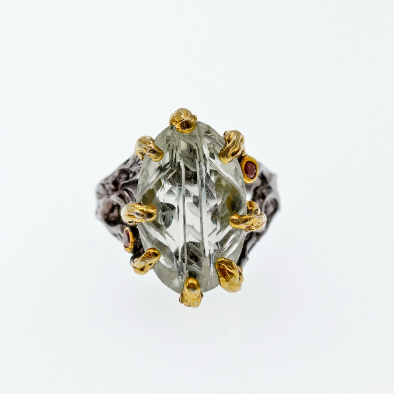 Sky Jewelry Черненое серебро кольцо с зеленым аметистом и гелиодором