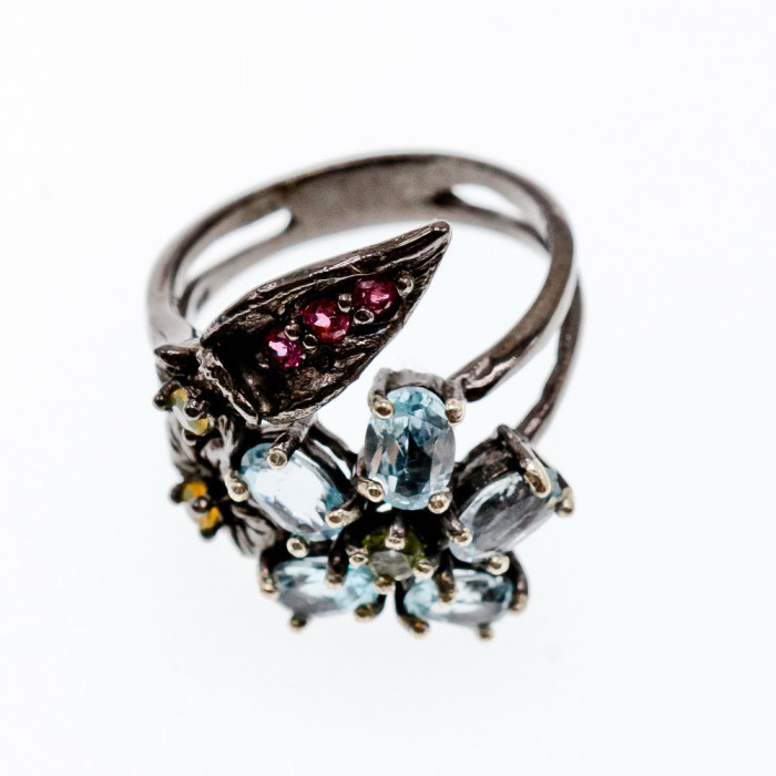 Sky Jewelry Черненое серебро кольцо с топазом гранатом хризолитом и опалом