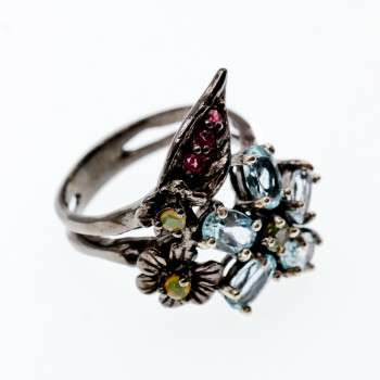 Sky Jewelry Черненое серебро кольцо с топазом гранатом хризолитом и опалом