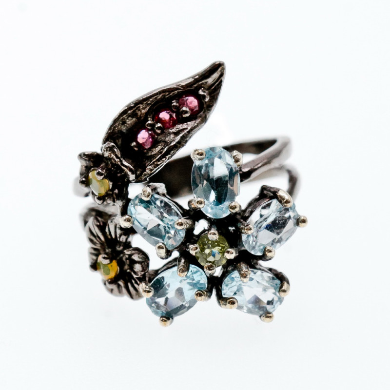 Sky Jewelry Черненое серебро кольцо с топазом гранатом хризолитом и опалом