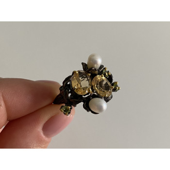 Sky Jewelry Черненое серебро кольцо с цитрином перидотом и жемчугом