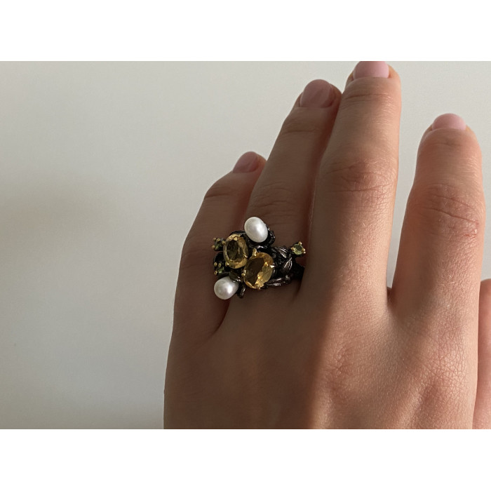 Sky Jewelry Черненое серебро кольцо с цитрином перидотом и жемчугом