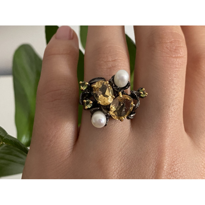 Sky Jewelry Черненое серебро кольцо с цитрином перидотом и жемчугом