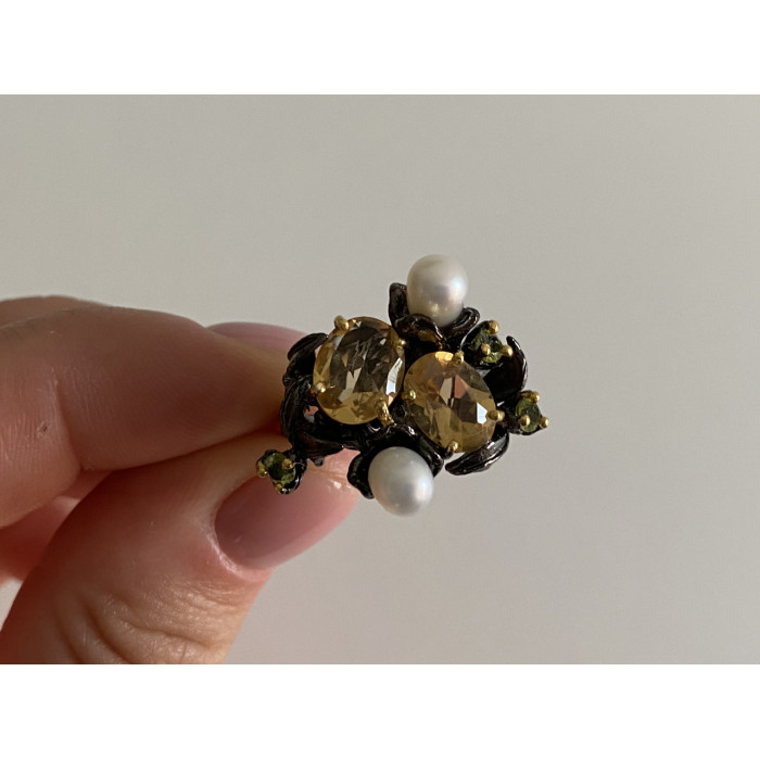 Sky Jewelry Черненое серебро кольцо с цитрином перидотом и жемчугом