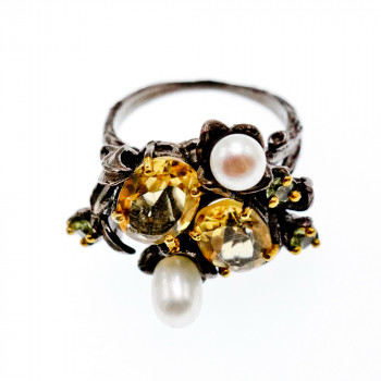Sky Jewelry Черненое серебро кольцо с цитрином перидотом и жемчугом
