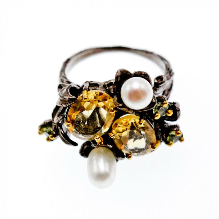 Sky Jewelry Черненое серебро кольцо с цитрином перидотом и жемчугом