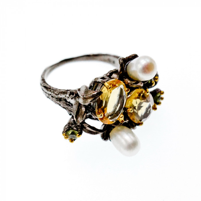 Sky Jewelry Черненое серебро кольцо с цитрином перидотом и жемчугом