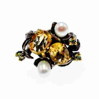 Sky Jewelry Черненое серебро кольцо с цитрином перидотом и жемчугом