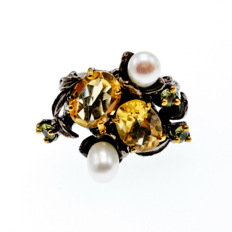 Sky Jewelry Черненое серебро кольцо с цитрином перидотом и жемчугом