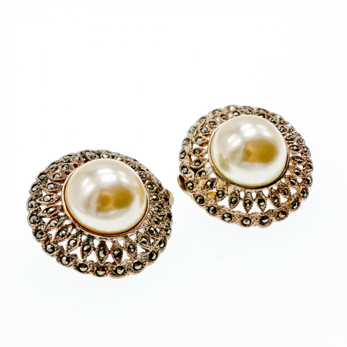 Sky Jewelry Серебряные серьги клипсы с жемчугом и марказитом  Винтаж