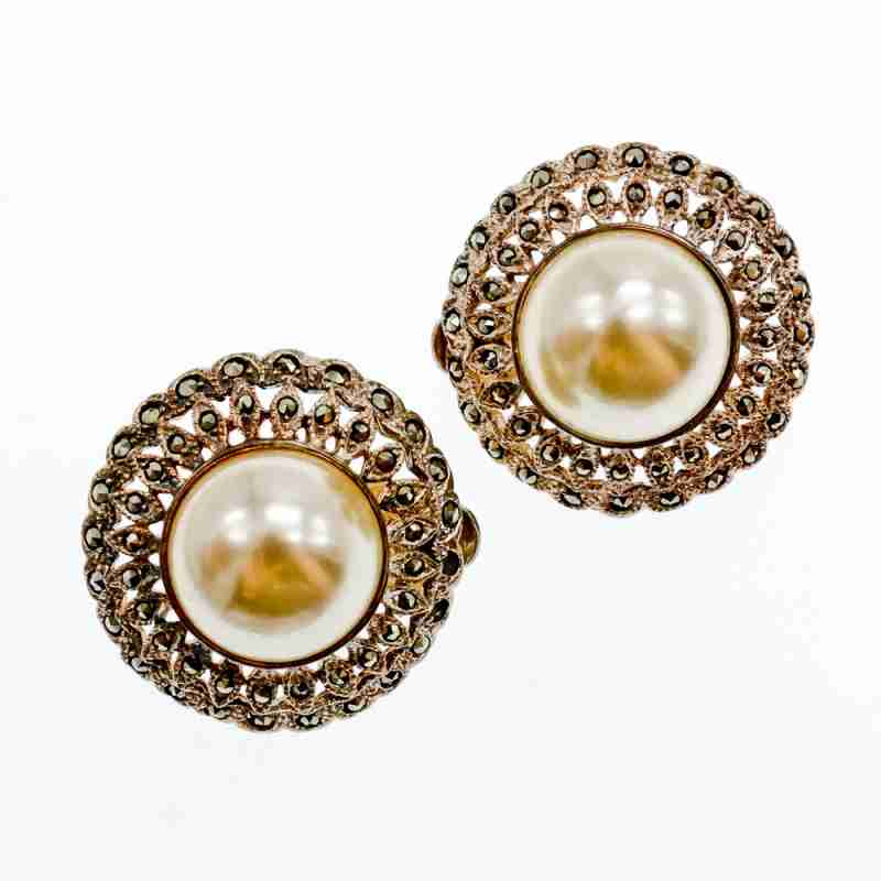 Sky Jewelry Серебряные серьги клипсы с жемчугом и марказитом  Винтаж