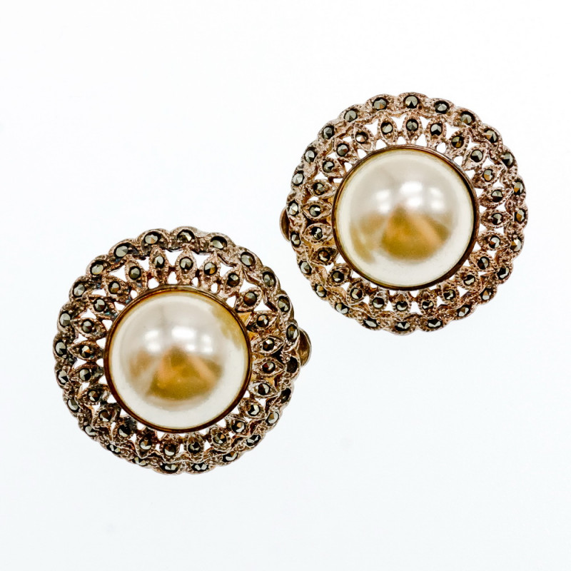 Sky Jewelry Серебряные серьги клипсы с жемчугом и марказитом  Винтаж