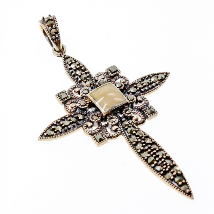 Sky Jewelry Серебряный крест с камнями морион и агат