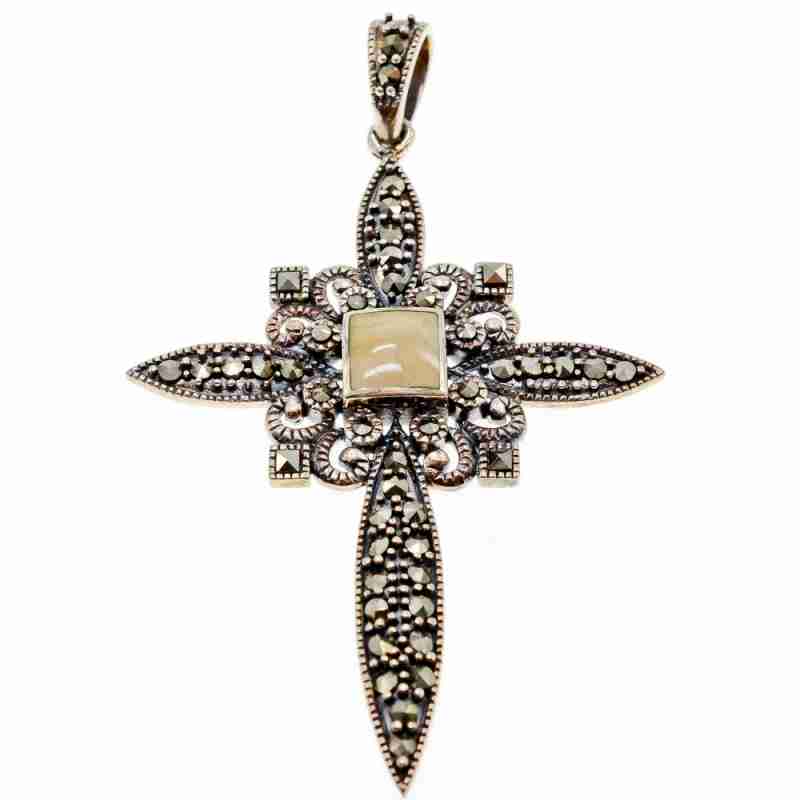 Sky Jewelry Серебряный крест с камнями морион и агат