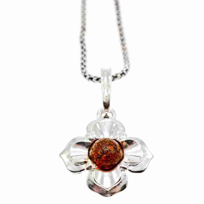 Sky Jewelry Серебряная цепочка с кулоном янтарь  Цветок