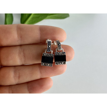 Sky Jewelry Серебряные серьги 925 проба со вставками из нефрита и марказита   Изумление