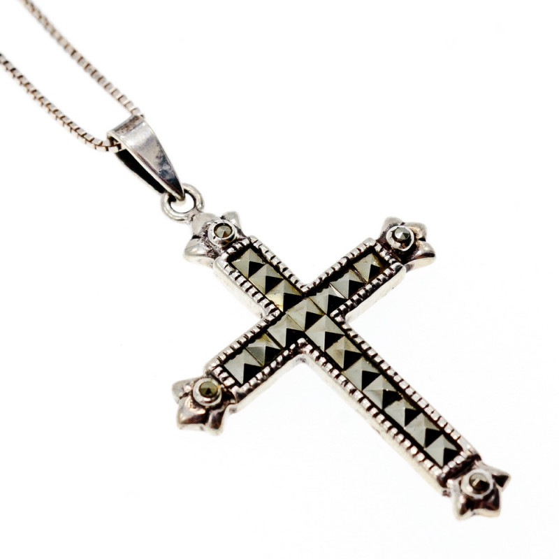 Sky Jewelry Серебряная цепочка с крестиком камни морион