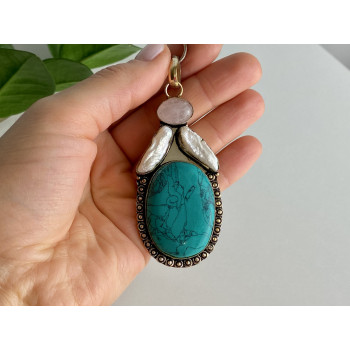 Sky Jewelry Серебряная цепочка с камнями прессованная Бирюза розовый Кварц и Барокко Жемчуг