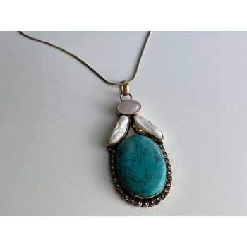 Sky Jewelry Серебряная цепочка с камнями прессованная Бирюза розовый Кварц и Барокко Жемчуг