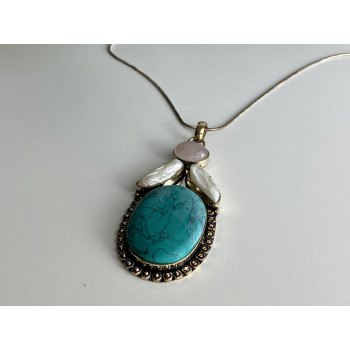 Sky Jewelry Серебряная цепочка с камнями прессованная Бирюза розовый Кварц и Барокко Жемчуг