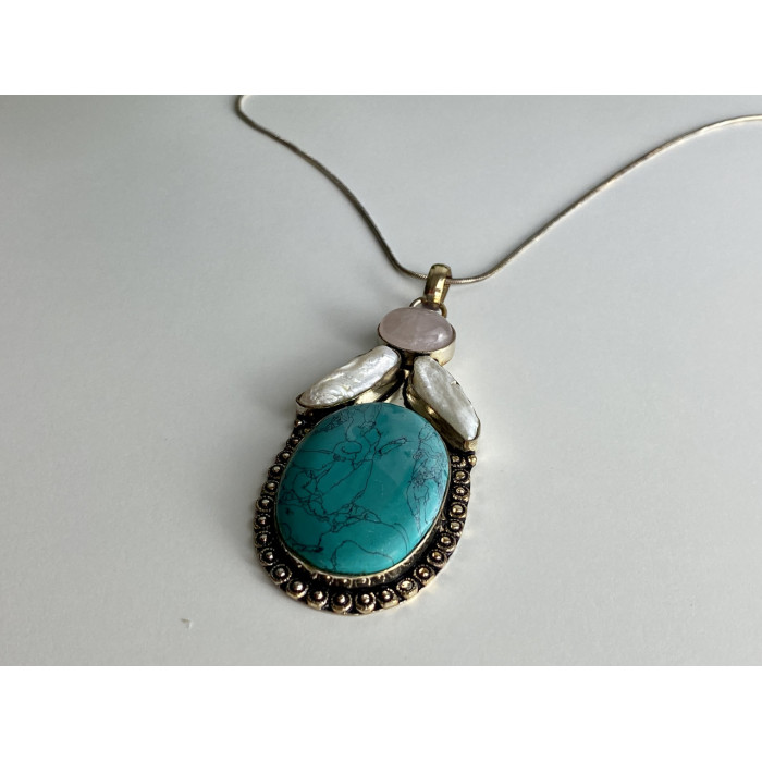 Sky Jewelry Серебряная цепочка с камнями прессованная Бирюза розовый Кварц и Барокко Жемчуг