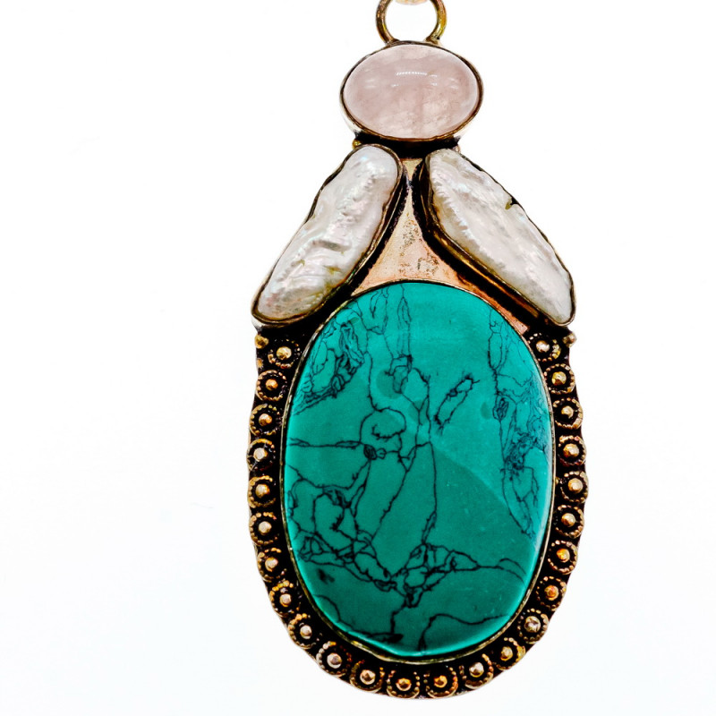 Sky Jewelry Серебряная цепочка с камнями прессованная Бирюза розовый Кварц и Барокко Жемчуг