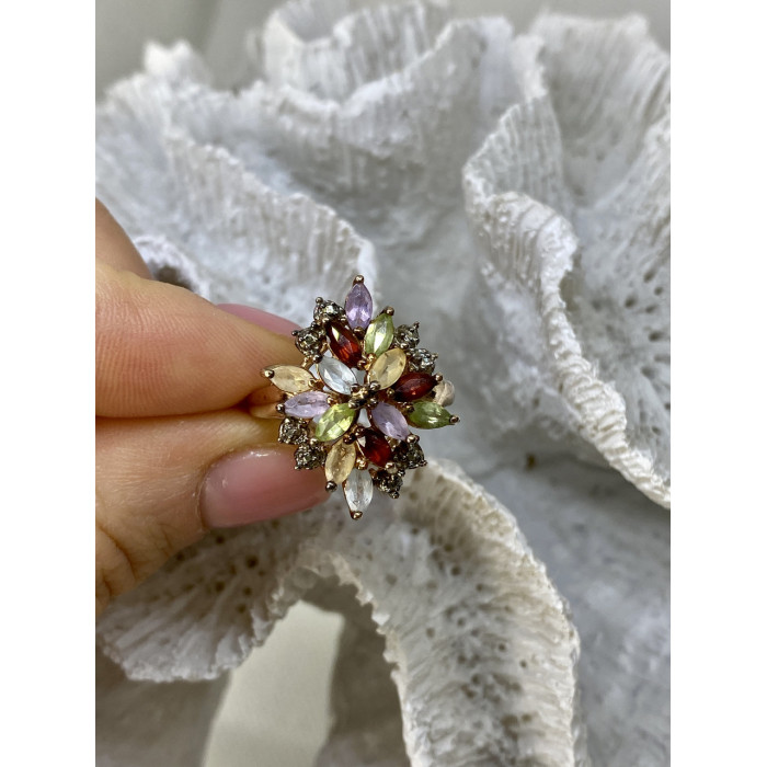 Sky Jewelry Серебряное кольцо в позолоте с натуральными камнями   Цветы