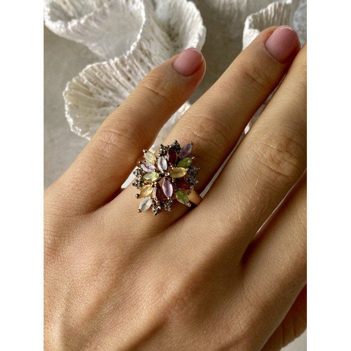 Sky Jewelry Серебряное кольцо в позолоте с натуральными камнями   Цветы