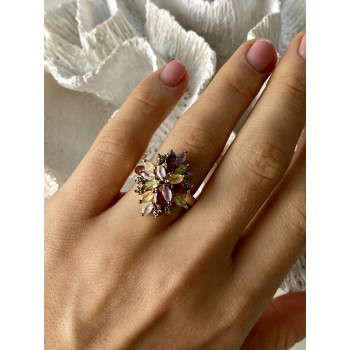 Sky Jewelry Серебряное кольцо в позолоте с натуральными камнями   Цветы