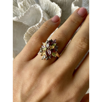 Sky Jewelry Серебряное кольцо в позолоте с натуральными камнями   Цветы