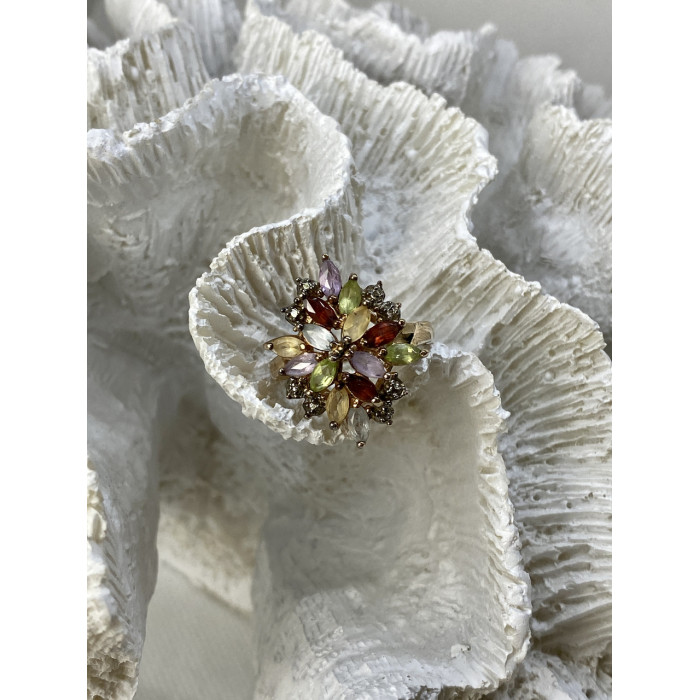 Sky Jewelry Серебряное кольцо в позолоте с натуральными камнями   Цветы