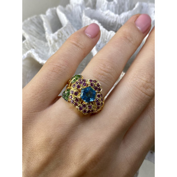 Sky Jewelry Серебряное кольцо в позолоте с топазом хризолитом и шпинелью  Цветы