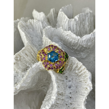 Sky Jewelry Серебряное кольцо в позолоте с топазом хризолитом и шпинелью  Цветы