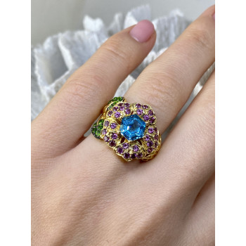 Sky Jewelry Серебряное кольцо в позолоте с топазом хризолитом и шпинелью  Цветы