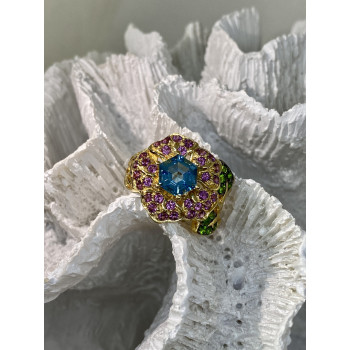 Sky Jewelry Серебряное кольцо в позолоте с топазом хризолитом и шпинелью  Цветы