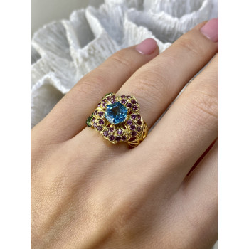 Sky Jewelry Серебряное кольцо в позолоте с топазом хризолитом и шпинелью  Цветы