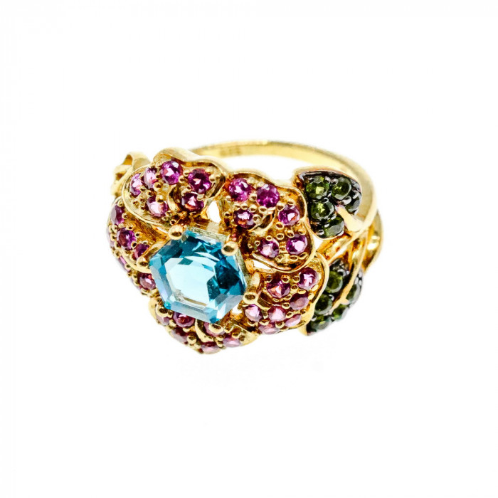 Sky Jewelry Серебряное кольцо в позолоте с топазом хризолитом и шпинелью  Цветы