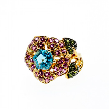 Sky Jewelry Серебряное кольцо в позолоте с топазом хризолитом и шпинелью  Цветы