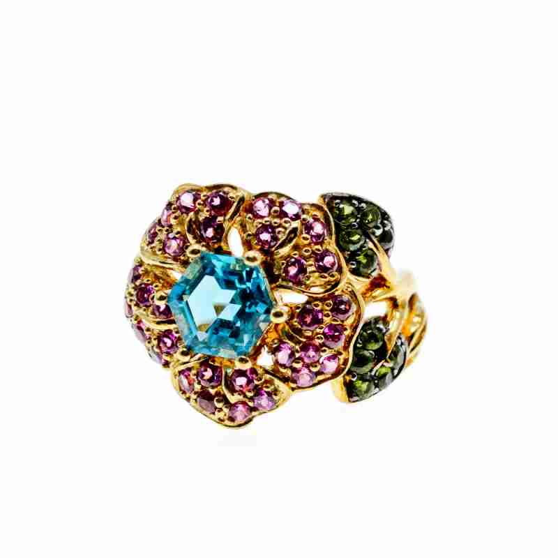 Sky Jewelry Серебряное кольцо в позолоте с топазом хризолитом и шпинелью  Цветы